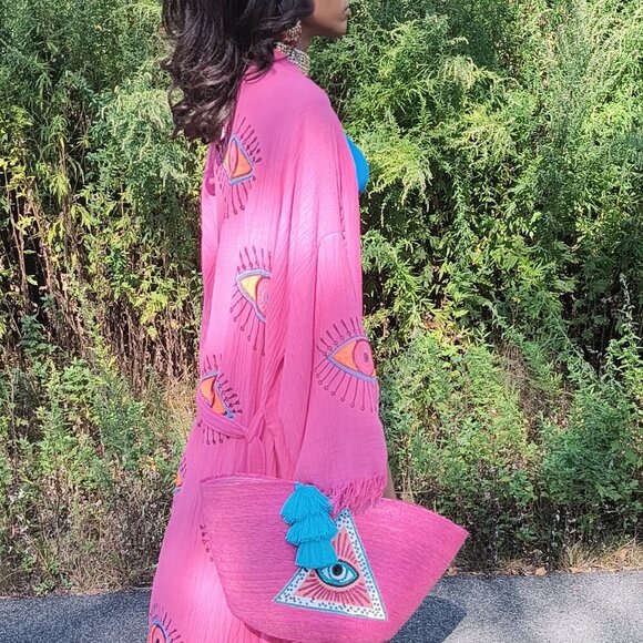 Organic Handmade 100% Cotton Pink Turkish Kimono Robe with Evil Eye Design - Picture 5 of 5